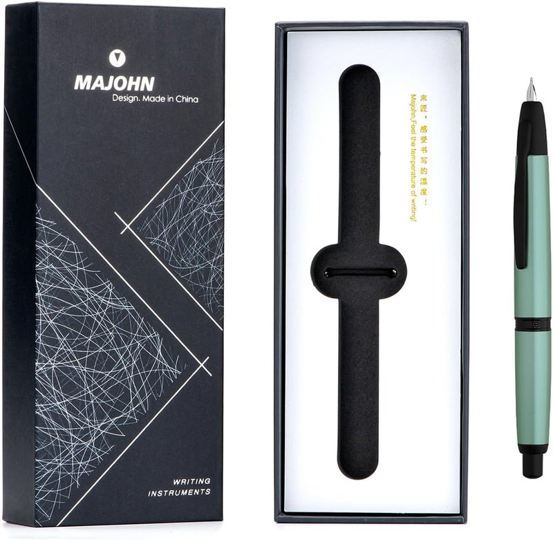 erofa Majohn A1 Press Fountain Pen Fine Nib with Box, Retractable Green Metal Ink Pen with Converter Writing Set (Black Clip Version) - Image 5